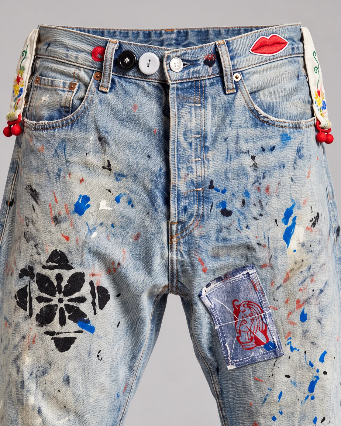 Painted Patchwork Drop-Crotch Jeans — AI design reference 4