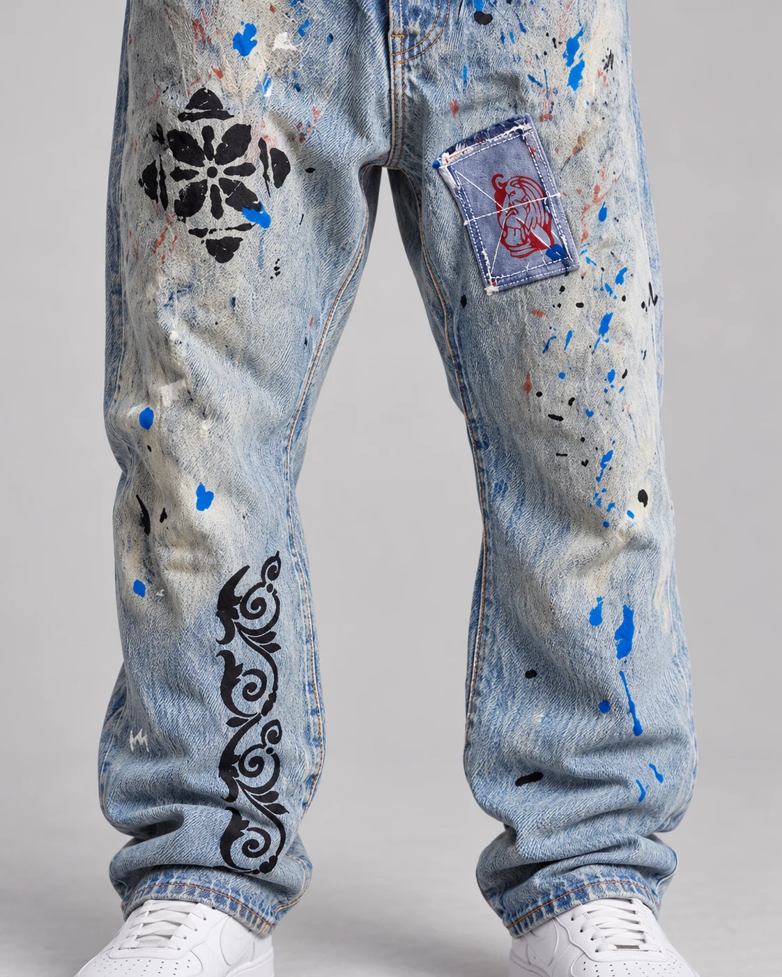 Painted Patchwork Drop-Crotch Jeans — AI design reference 5