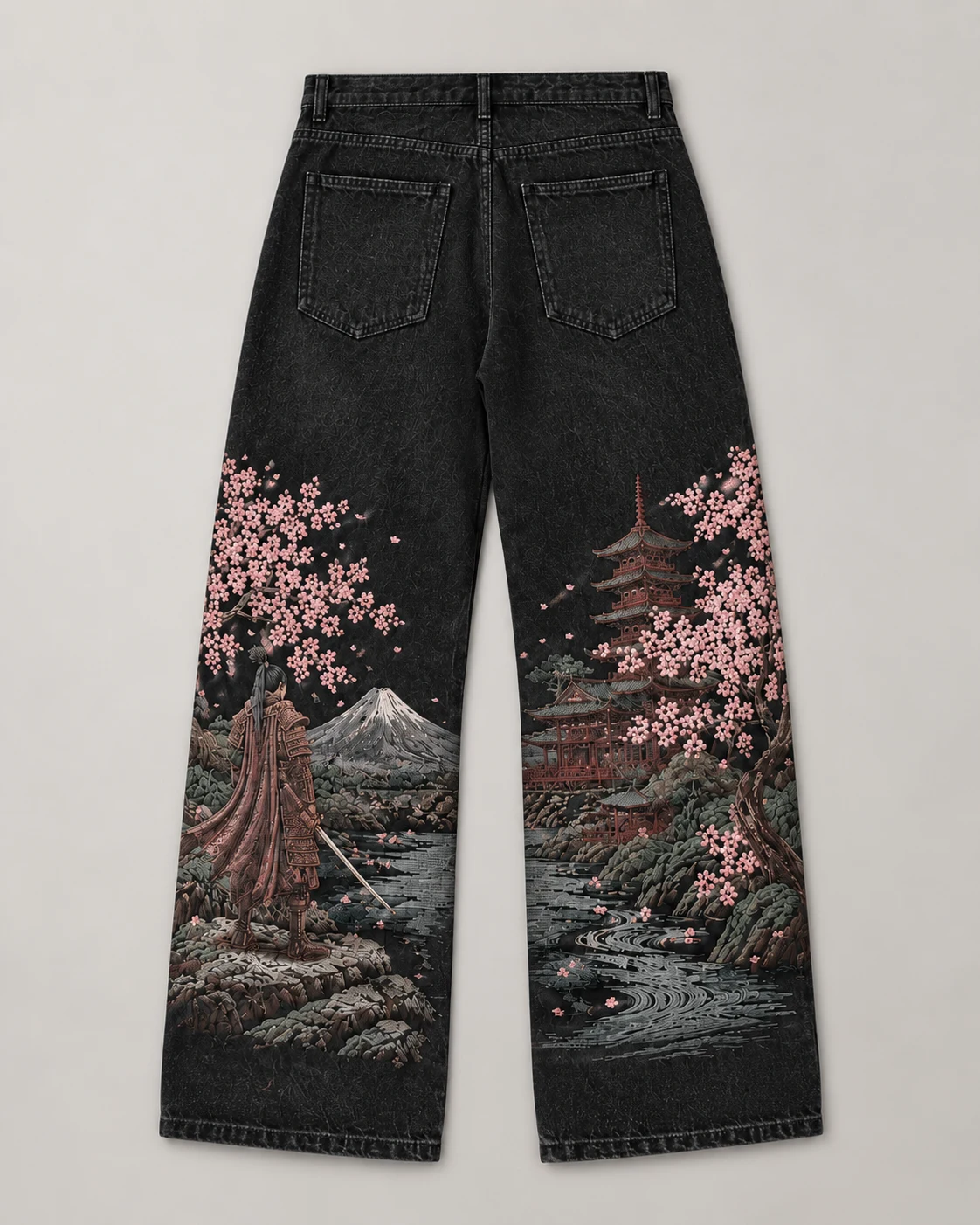 Black Landscape-Embroidered Baggy Jeans — AI design reference 1