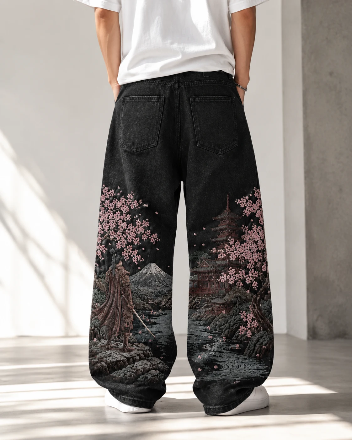 Black Landscape-Embroidered Baggy Jeans — AI design reference 3