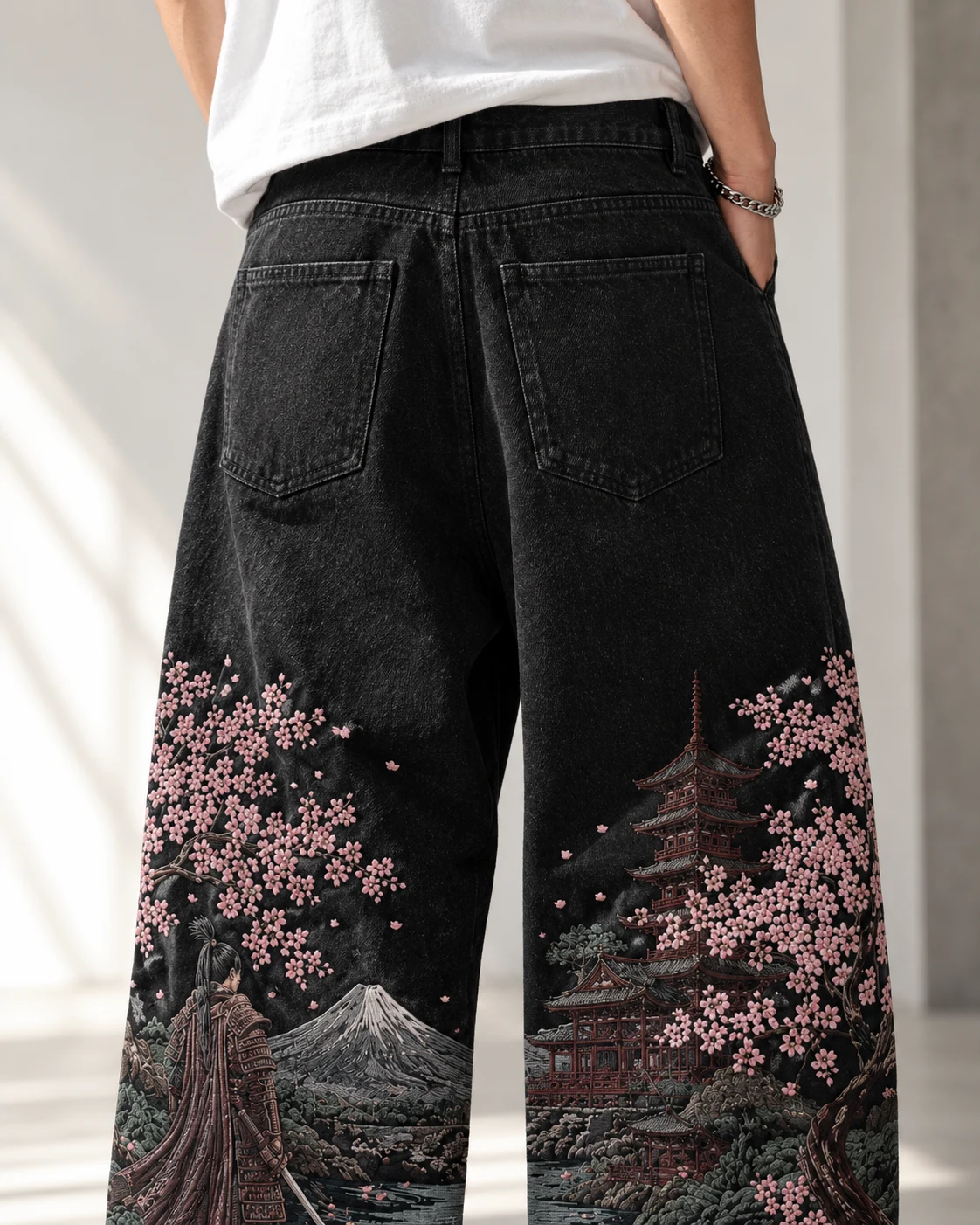 Black Landscape-Embroidered Baggy Jeans — AI design reference 5