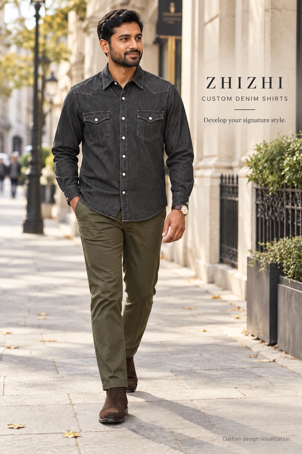 Custom Men's Charcoal Western Snap Denim Shirt