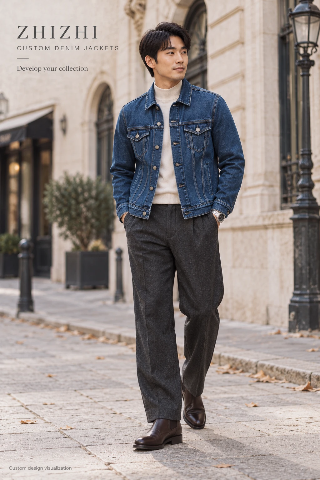 Custom Men's Washed Indigo Flap-Pocket Denim Jacket